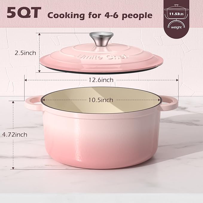 Umite Chef 5QT Enameled Cast Iron Dutch Oven Pot with Lid, Heavy-Duty Cookware for Bread Baking, Braising, Stews, Roasting, Wedding Registry Ideas & Gifts (Pink) - Image 3