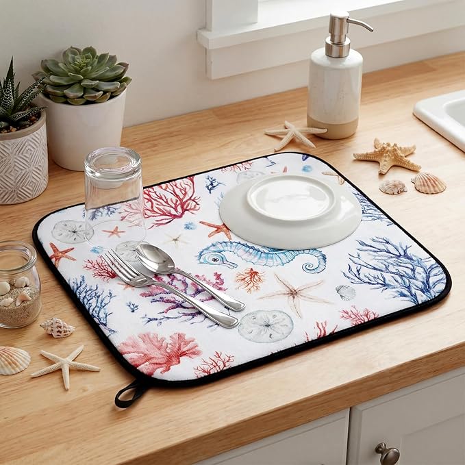 Breling Summer Dish Drying Mat Beach Kitchen Dry Mat 16 x 18 Inch Seahorse Blue Coral Table Dishes Pad Microfiber Absorbent Drying Reusable Washable Pad Kitchen Accessories for Home Decor