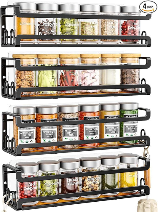Doakhirmit 4 Pack Wall Mount Spice Rack with 16 Hooks,Hanging Spice Rack Organizer for Stove Cabinet Pantry Door, Screw or Adhesive Wooden Spice Shelf for Kitchen and RV Camper, Black by Unknown