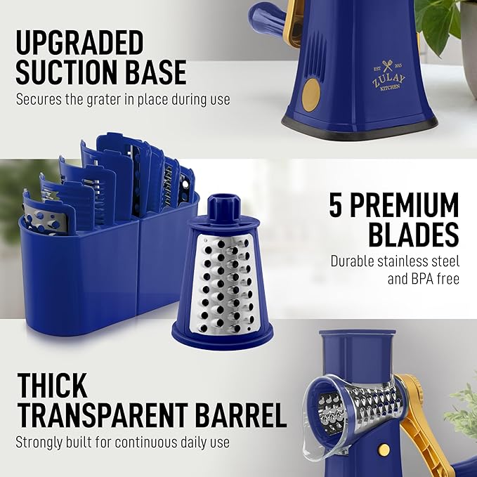 Zulay Kitchen Rotary Cheese Grater 5 Blade Cheese Shredder - Manual Hand Crank Cheese Grater With Reinforced Suction & 5 Interchangeable Drums - Easy to Use, Vegetable Chopper Round Mandoline Slicer - Image 7