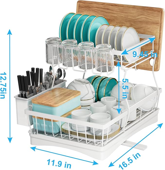 7 code Large Dish Drying Rack, 2-Tier Dish Racks for Kitchen Counter, Detachable Large Capacity Dish Drainer Organizer with Utensil Holder, Dish Drying Rack with Drain Board, White - Image 3