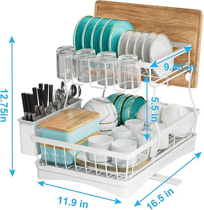 7 code Large Dish Drying Rack, 2-Tier Dish Racks for Kitchen Counter, Detachable Large Capacity Dish Drainer Organizer with Utensil Holder, Dish Drying Rack with Drain Board, White - Image 3