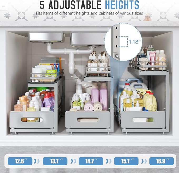 Under Sink Organizer Upgrade To Professional Rails,2-Tier Dual Pull Out Cabinet Storage,Height Adjustable Slide Out Drawers For Bathroom Kitchen,2 Pack-14.5"Dx12.8"-16.9"H,Gun Gray - Image 5