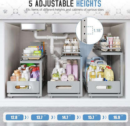 Under Sink Organizer Upgrade To Professional Rails,2-Tier Dual Pull Out Cabinet Storage,Height Adjustable Slide Out Drawers For Bathroom Kitchen,2 Pack-14.5"Dx12.8"-16.9"H,Gun Gray - Image 5