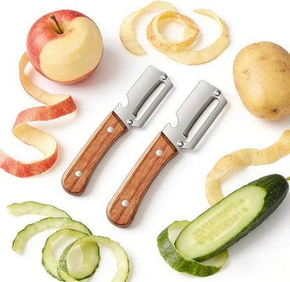 3Pcs Multifunctional Vegetable Peeler, 2-in-1 Multifunctional Vegetable Peeler with Wooden Handle & Stainless Steel Blade, Built-in Bottle Opener, Fruit & Vegetable Kitchen Peeling Tool - Image 3