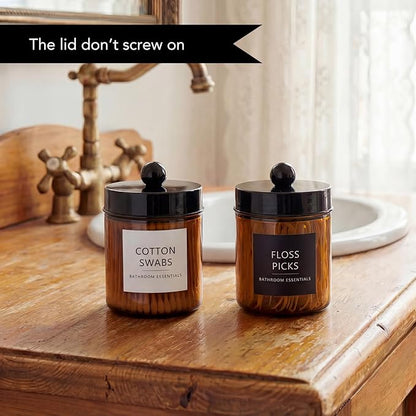 Amolliar Amber Glass Qtip Holder, Apothecary Jars with Black Plastic Lid & Stickers-Bathroom Qtip Dispenser Storage Organizer Set, Vanity Counter Cantainer for Cotton Swabs,Round Floss (2 Pack)
