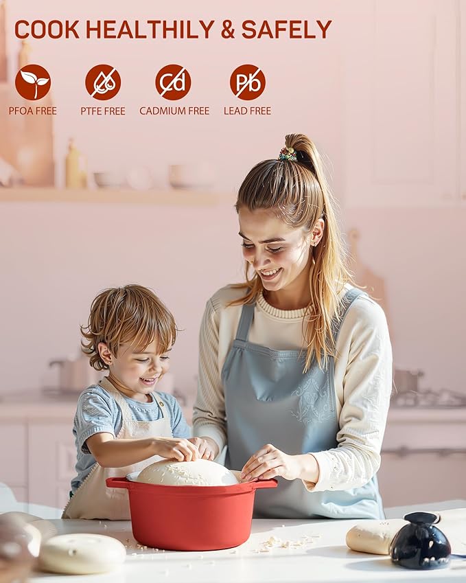 Ciwete Enameled Cast Iron Dutch Oven – 6 Quart Pot with Lid & Potholders – Heavy-Duty Cookware for Bread Baking, Braising, Stews & Roasting – Oven & Stovetop Safe up to 500°F – Red