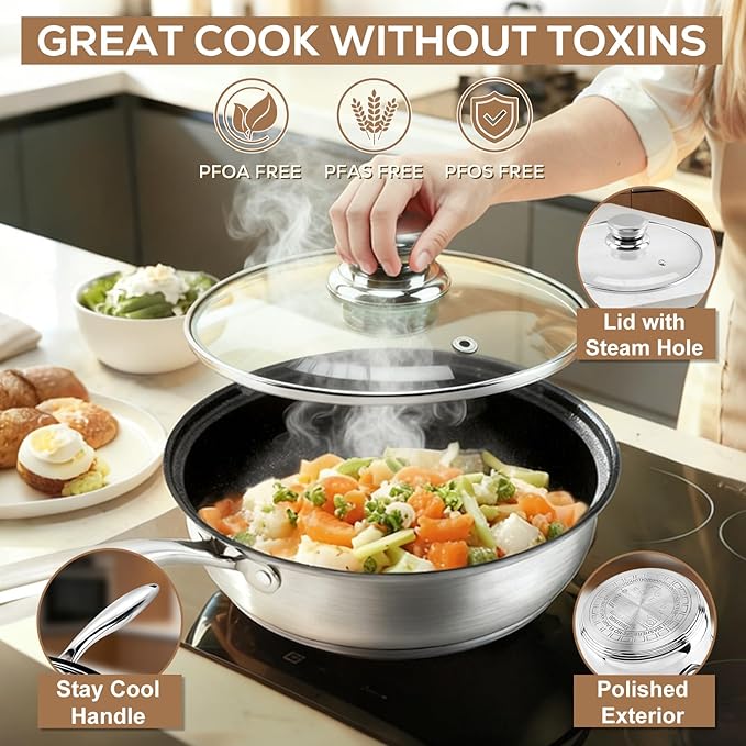 Stainless Steel Cookware Set - 15 Pieces Pots and Pans Nonstick Pot and Pan Set Includes 1 Frying Pans, 5 Pots, 6 Lids and 3 Utensils, with Stay Cooling Handle, Induction & Oven Safe - Image 3
