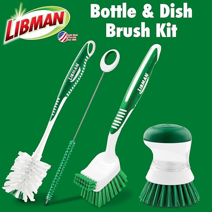 Libman Bottle & Dish Brush Kit | Cleaning Brushes for Kitchen Use | Straw Brush | Scrub Brushes for Dishes | Big Job Kitchen Brush | Palm Scrub Brush | 3 Different Brushes & Straw Cleaner Included - Image 2