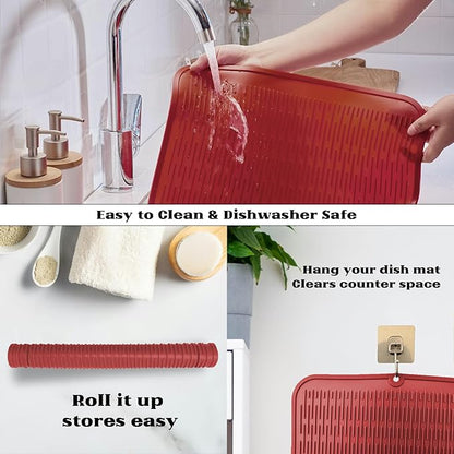 ZLR Large Silicone Dish Drying Mat (16" x 18") - XL Heavy Duty Drainboard Mat for Pots, Pans & Family Loads - Heat Resistant Trivet & Counter Protector, Easy Clean (Lava Red) - Image 4