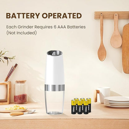 Gravity Electric Salt And Pepper Grinder Set, Automatic Salt And Pepper Grinder Set, Battery Powered (6 AAA Batteries Each), Adjustable Roughness, LED Light, 2 Pack, (White) - Image 2