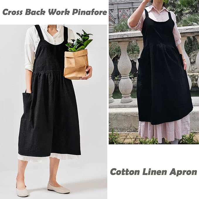 Uaussi Cotton Linen Apron Cross Back Work Apron for Women with Pockets Pinafore Dress X Cross Halter Apron for Chef Gardening - Image 7
