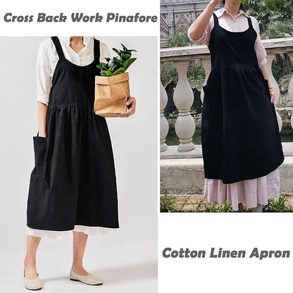 Uaussi Cotton Linen Apron Cross Back Work Apron for Women with Pockets Pinafore Dress X Cross Halter Apron for Chef Gardening - Image 7