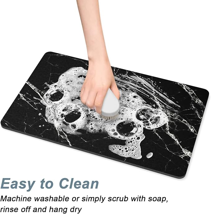 Rnivvi Coffee Mat, 12" x 19" Cute Marble Style Coffee Bar Mats for Espresso Machine Station Accessories and Organizer, Hide Stain Rubber Backed Absorbent Dish Drying Pad for Kitchen Counter, Black - Image 5