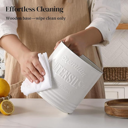 DOWAN 360° Rotating Extra Large Cooking Utensil Holder, 7.6" Kitchen Utensil Holder for Countertop, Utensil Crock for Farmhouse Kitchen Decor, Ceramic Stable Utensil Caddy, White Text - Image 6