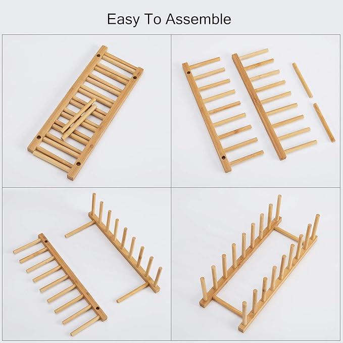 HBlife 4pcs Bamboo Dish Plate Bowl Cup Book Pot Lid Cutting Board Drying Rack Stand Drainer Storage Holder Organizer Kitchen Cabinet (Keep Dry) - Image 6