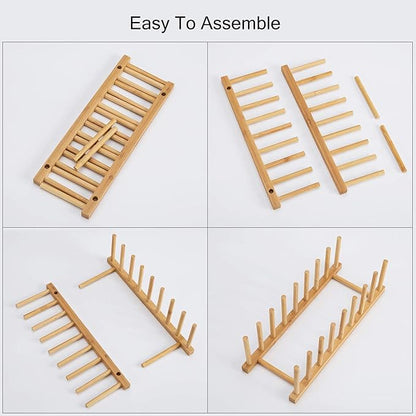 HBlife 4pcs Bamboo Dish Plate Bowl Cup Book Pot Lid Cutting Board Drying Rack Stand Drainer Storage Holder Organizer Kitchen Cabinet (Keep Dry) - Image 6