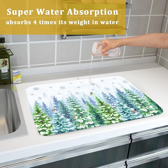 Winter Forest Dish Drying Mats - Snowflake Birds Dish Drainer Mat 18x24 Welcome Christmas Dish Draining Mat Watercolor Wildlife Tree Drying Pad for Kitchen Counter Sink - Image 7