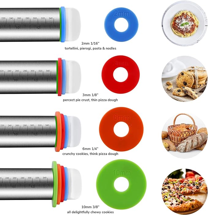 Rolling Pin and Pastry Baking Mat Set, Rolling Pins with Adjustable Thickness Rings, Stainless Steel Dough Roller for Baking Fondant, Pizza, Pie, Pastry, Pasta, Cookies (Black Mat) - Image 2