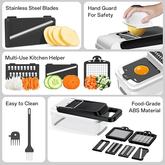 HomeHacks Vegetable Chopper Vegetable Cutter, 12 in 1 Kitchen Gadget, Dicer, Slicer, Onion Cutter, Salad, Cheese Grater & Egg Separator - Multi-Functional Veggie Chopper Lid with Handle (White) - Image 5