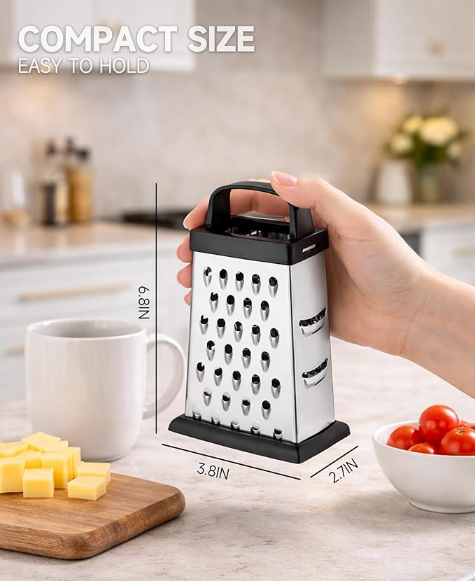 Cheese Grater, 4-Sided Mini Box Grater, Stainless Steel Food Shredder for Cheese, Parmesan & Vegetables, Dishwasher Safe, Black - Image 2