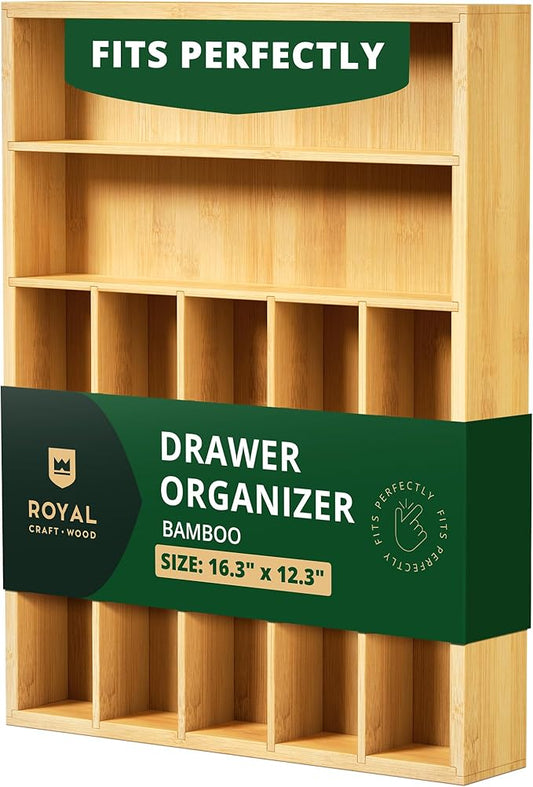 ROYAL CRAFT WOOD Luxury Bamboo Utensil Rack and Silverware Organizer, Kitchen Drawer Organizer - Utensil Holder and Cutlery Tray with Grooved Drawer Dividers for Flatware 7 Slot, Natural by RoyalCraftWood