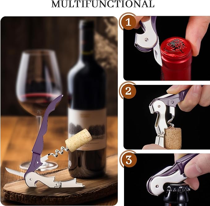 HYZ 2-Pack Wine Opener Waiter Corkscrew, Professional Wine Key for Servers, Bartender with Foil Cutter, Manual Wine Bottle Opener Double Hinged (Plum) - Image 5