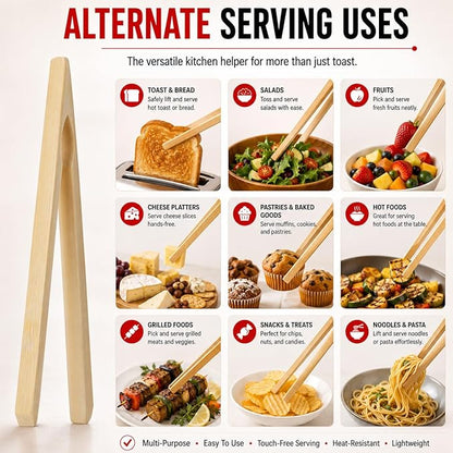 HIC Kitchen Toast Tongs, Natural Bamboo, 6.5-Inches, Set of 6