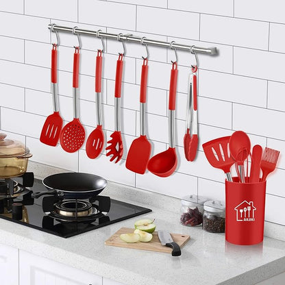 Silicone Cooking Utensil Set,Kitchen Utensils 26 Pcs Set,Non-stick Heat Resistant Silicone,Cookware with Stainless Steel Handle - Red