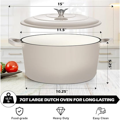 TeamFar Enameled Cast Iron Dutch Oven, 7qt Dutch Oven Pot Nonstick Cookware with Lid & Dual Handles for Bread Baking, Cooking, Oven Safe up to 500℉ & Various Stovetops, Healthy & Heavy Duty - Khaki - Image 2