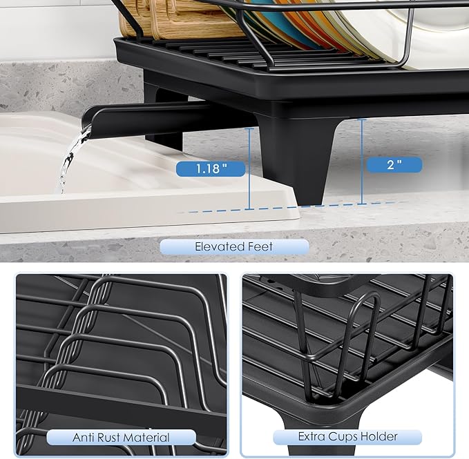 Urackify Dish Drying Rack for Kitchen Counter, Sink Dish Rack with Drainboard 12.2" W x 16.5" L, Large Dish Drainer with Cutlery Holder, Home Countertop Plate Dryer Storage Rack, Black - Image 6