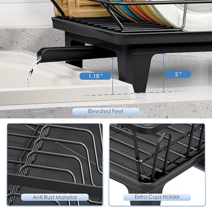 Urackify Dish Drying Rack for Kitchen Counter, Sink Dish Rack with Drainboard 12.2" W x 16.5" L, Large Dish Drainer with Cutlery Holder, Home Countertop Plate Dryer Storage Rack, Black - Image 6
