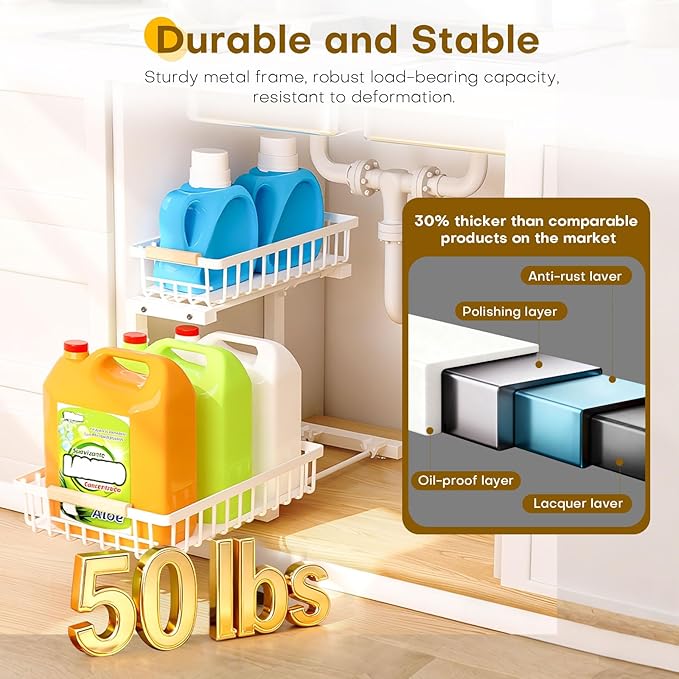 Under Sink Organizer, 2 Tier Pull Out Under-Sink Shelves, Adjustable Height (13.8" -16.9"), Sturdy Metal Storage Organizer for Bathroom Kitchen Pantry Cabinet (2 Packs, White) - Image 4