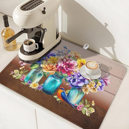 Spring Colorful Flowers Dish Drying Mat for Kitchen Counter,Vintage Plants Mason Jar Butterflies Drying Mat 18 x 24 Inch with Absorbent Reversible Microfiber Dish Drying Pad for Coffee Bar - Image 7