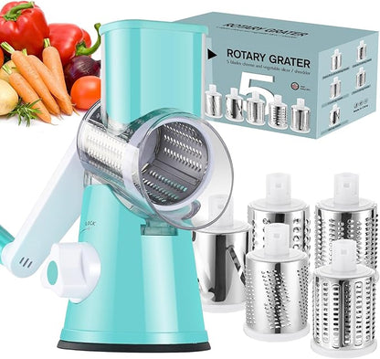 Ourokhome Rotary Cheese Grater Hand Crank, Kitchen Shredder Speed Mandolin Slicer Ice Shaver with Handle and Drum Blades for Cheese, Vegetable, Nuts, Chocolate, Potato, Carrot, 5 Blades, Blue by Ourokhome