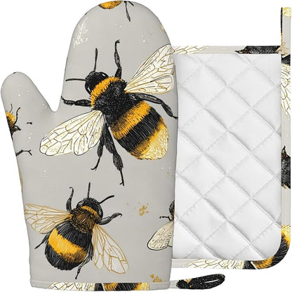 Happy Busy Bees Oven Mitts and Pot Holders Sets Non-Slip Silicone Surface for BBQ Gloves,Kitchen,Cooking,Baking,Grilling