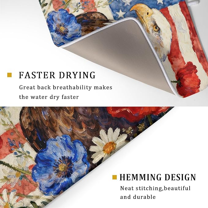 4th of July American Flag Eagle Dish Drying Mat for Kitchen Counter 18x24 Patriotic Floral Memorial Day Absorbent Reversible Microfiber Drying Mats Kitchen Countertop Protector Dishes Drainer Pad - Image 3