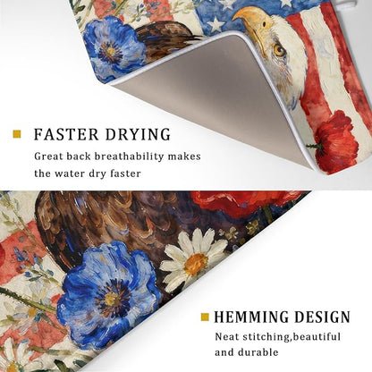 4th of July American Flag Eagle Dish Drying Mat for Kitchen Counter 18x24 Patriotic Floral Memorial Day Absorbent Reversible Microfiber Drying Mats Kitchen Countertop Protector Dishes Drainer Pad - Image 3