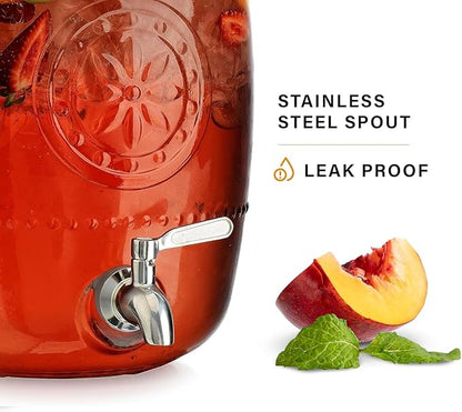 2.5 Gallon Glass Beverage Dispenser with Stainless Steel Spigot With Pinwheel Design 100% Leakproof Glass Drink Dispenser for Parties with Spout, Airtight Beverage Dispenser for Water Juice Laundry