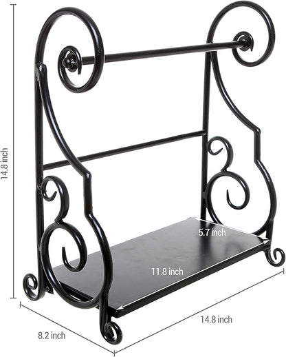 MyGift Paper Towel Holder Countertop with Shelf – Black Metal Freestanding Decorative Organizer for Kitchen, Scrollwork Design, Horizontal Storage for Spices, Napkins, and Condiments