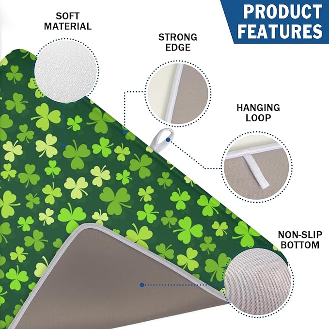 St. Patrick's Day Dish Drying Mat for Kitchen Counter,Irish Green Shamrocks Clover Leaves Drying Mat 18 x 24 Inch with Absorbent Reversible Microfiber Dish Drying Pad for Coffee Bar - Image 3