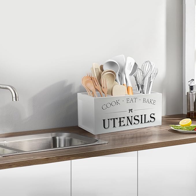 Suli Extra Large Kitchen Utensils Holder with 4 Compartments, Wooden Utensil Organizer for Countertop, Farmhouse Kitchen Decor, Rustic Cooking Utensil - White - Image 8
