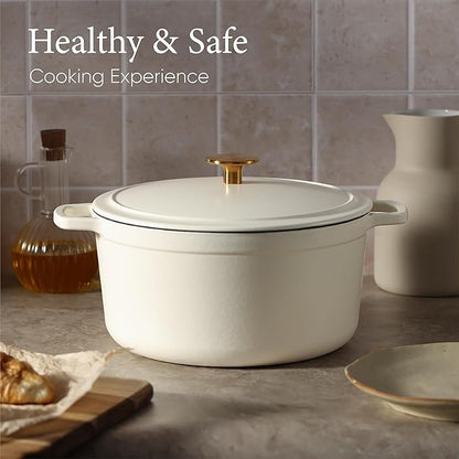 CAROTE 5QT Enameled Cast Iron Dutch Oven Pot with Lid, Cream White - Image 4
