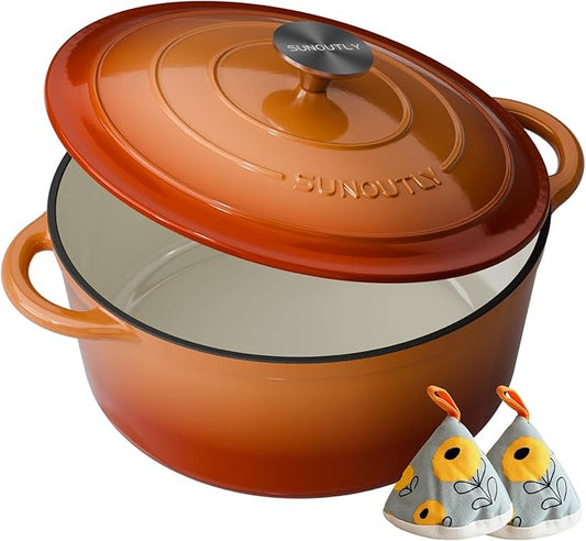 Enameled Cast Iron Dutch Oven - 6QT Dutch Oven Pot with Lid & Cotton Potholders - Heavy-Duty Non Stick Casserole Pot for Braising, Stews, Roasting, Baking, Suitable for All Stovetops, Vibrant Orange by SUNOUTLY
