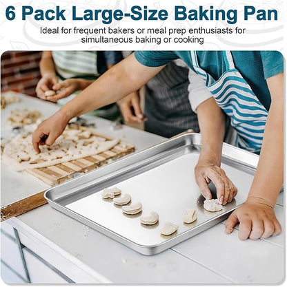 TeamFar Baking Sheet Pan, 6 Pack Stainless Steel Half Size Baking Pans Set, Metal Large Cookie Sheets for Baking/Roasting/Serving, Non-Toxic & Heavy Duty, Dishwasher Safe, 17.6” x 13” x 1”