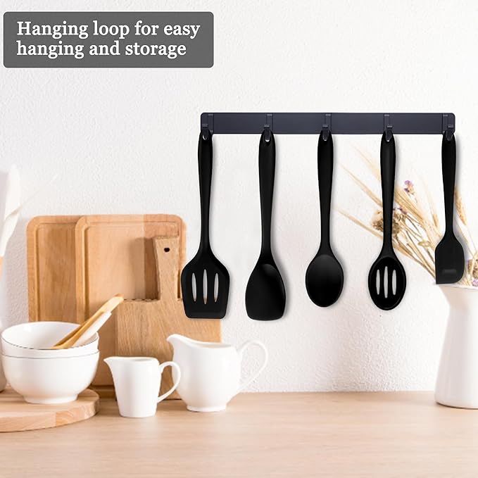 E-far 10 Pieces Silicone Cooking Utensils Set, Heat Resistant Kitchen Utensil Set for Nonstick Cookware, Kitchen Cooking Tools with Spatula, Spoon, Slotted Turner, Non-Toxic & Dishwasher Safe (Black) - Image 6