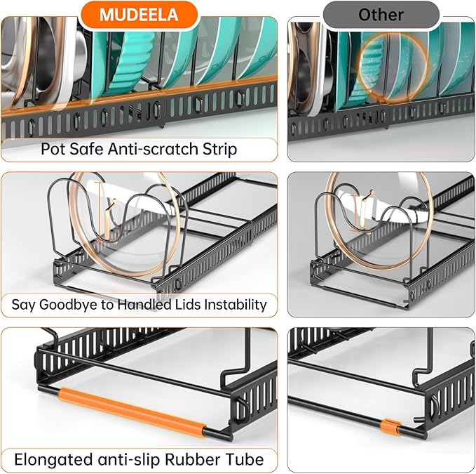MUDEELA Expandable Pots and Pans Organizer Rack under Cabinet, Pots Lid Organizer Rack for Kitchen Cabinet Organizers and Storage with 12 Adjustable Dividers Cutting Board Holder & Anti-Scratch Strips - Image 4