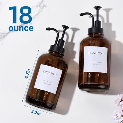 Glass Soap Dispenser with Pump, Dish and Hand Soap Dispenser for Kitchen Bathroom Set, Clear Glass Dispenser Set of 2 Pack with 18 Stickers Funnel Bamboo Tray 500ml 18oz Amber - Image 3