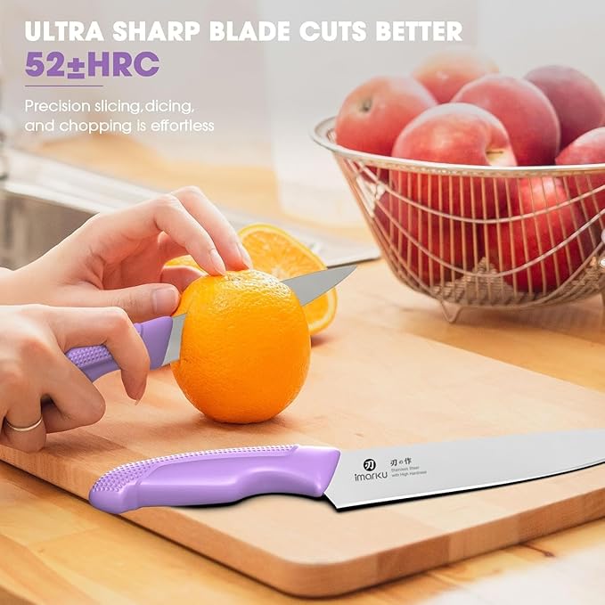 imarku® Kitchen Knife Set, Sharp Knives Set with Built-in Sharpener, Stainless Steel Block Knife Set and Non-Slip Ergonomic Handle, Dishwasher Safe, 14 PCS Professional Knife Set for Gift, Lavender - Image 5