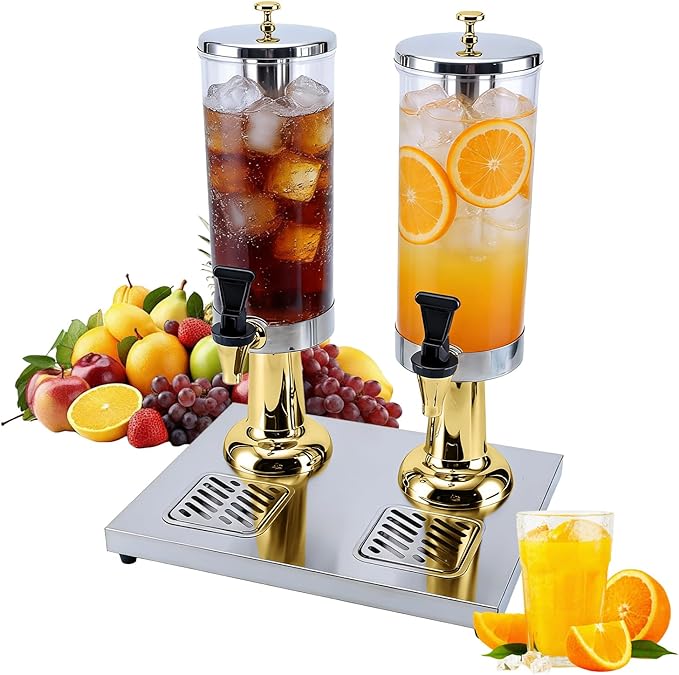 2-Gallon Drink Dispenser with Stainless Steel Drip Tray - Party Beverage Juice Lemonade Iced Tea Water Dispenser for Church Events, Catering, Family Gatherings & Outdoor (GOLD)